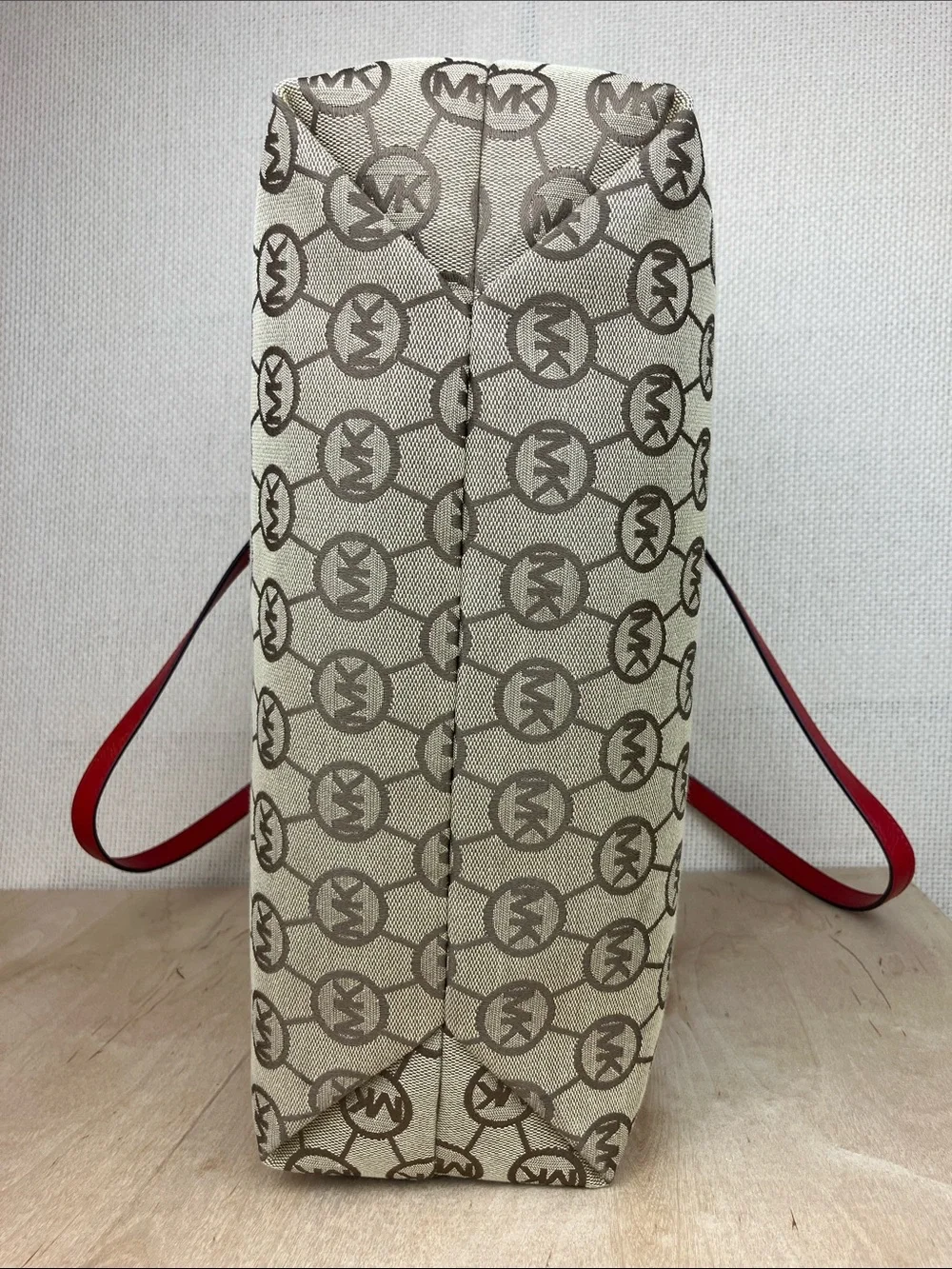 Michael Kors Montauk Large Tote Bag Beige Monogram Red Leather Trim